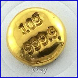 10 Gram 9999 Fine Solid Gold Hand Poured Hallmarked Round Bar Ingot Certified