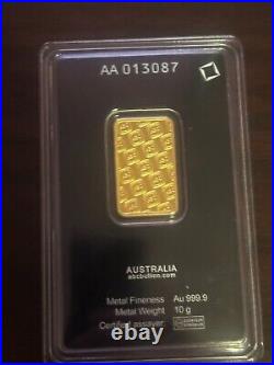 10 Grams 999.9 Fine Gold ABC Bullion Minted Tablet Certified Investor Ingot Bar
