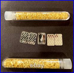 (10x) PURE. 999 Silver Bars Bullion 2-Certified Gold BARS & 4 Vials Gold flakes