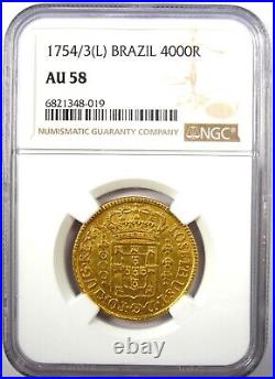 1754/3 Brazil Gold Jose I 4000 Reis Coin 4000R Certified NGC AU58 Rare