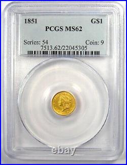1851 Liberty Gold Dollar G$1 Coin. Certified PCGS MS62 (BU UNC) Rare Gold Coin