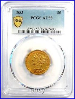 1853 Liberty Gold Half Eagle $5 Coin Certified PCGS AU58 $1,400 Value