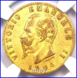 1864 Italy Gold Vittorio Emanuele II 20 Lire Gold Coin G20L Certified NGC AU55