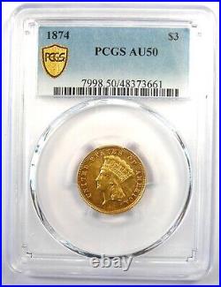 1874 Three Dollar Indian Gold Coin $3 Certified PCGS AU50 Rare Coin