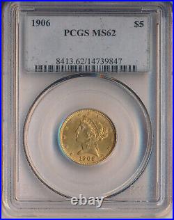1906 $5 Liberty Head Half Eagle Gold Coin Pcgs Certified Ms 62 Free Ship
