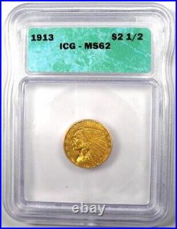 1913 Indian Gold Quarter Eagle $2.50 Gold Coin Certified ICG MS62 (BU UNC)