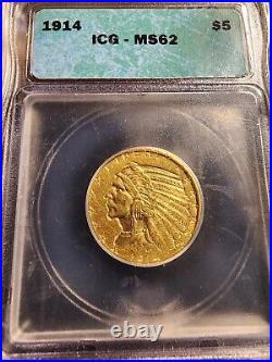 1914 $5 GOLD INDIAN! ICG Certified MS62