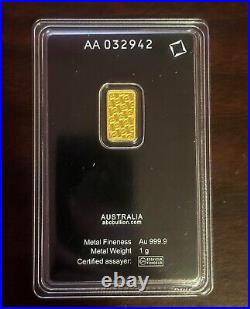 1 Gram 999.9 Fine Gold ABC Bullion Minted Tablet Certified Investor Ingot Bar