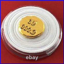5 Gram 9999 Fine Solid Gold Hand Poured Hallmarked Round Bar Ingot Certified
