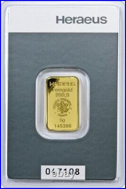 5g Gold Bullion BAR Heraeus (999.9 fineness) 24k BRAND NEW CERTIFIED SEALED