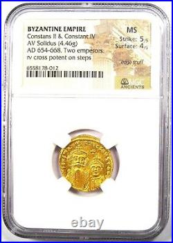 Constans II & Constantine IV AV Solidus Gold Coin 654 AD. Certified NGC MS (UNC)