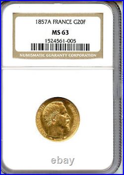 France 1857-A Emperor NAPOLEON III Gold 20 Francs coin, NGC certified MS-63