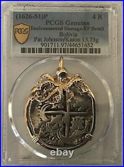 Genuine Treasure Shipwreck Coin 4 Reale 14K Yellow Gold Frame PGCS Certified