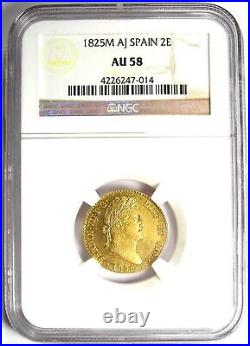 Gold 1825 Spain Ferdinand VII 2 Escudos Gold Coin 2E Certified NGC AU58