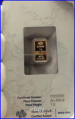 Gold Bar PAMP 1 Gram 24k Gold- (Au 999.9) Certified and Sealed- Rosa