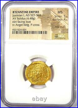Justinian I AV Solidus Gold Coin 527 AD Certified NGC MS UNC 5/5 Strike
