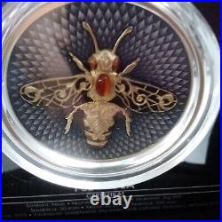 NIUE 2023 2oz. 999 SILVER GOLD PLATED `BEE` COIN WITH AMBER INSERT IN DISPLAY BOX