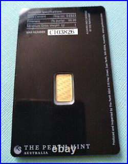 Perth Mint Kangaroo 1g. 9999 Gold Minted Bullion Bar in Tamper Evident Card