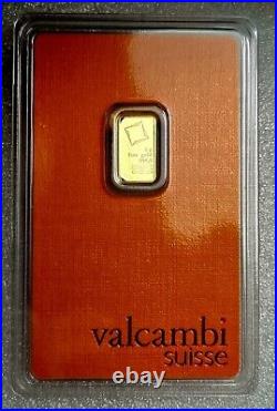 Valcambi 1 Gram Gold Bullion Bar 999.9 Fine Gold Sealed And Certified